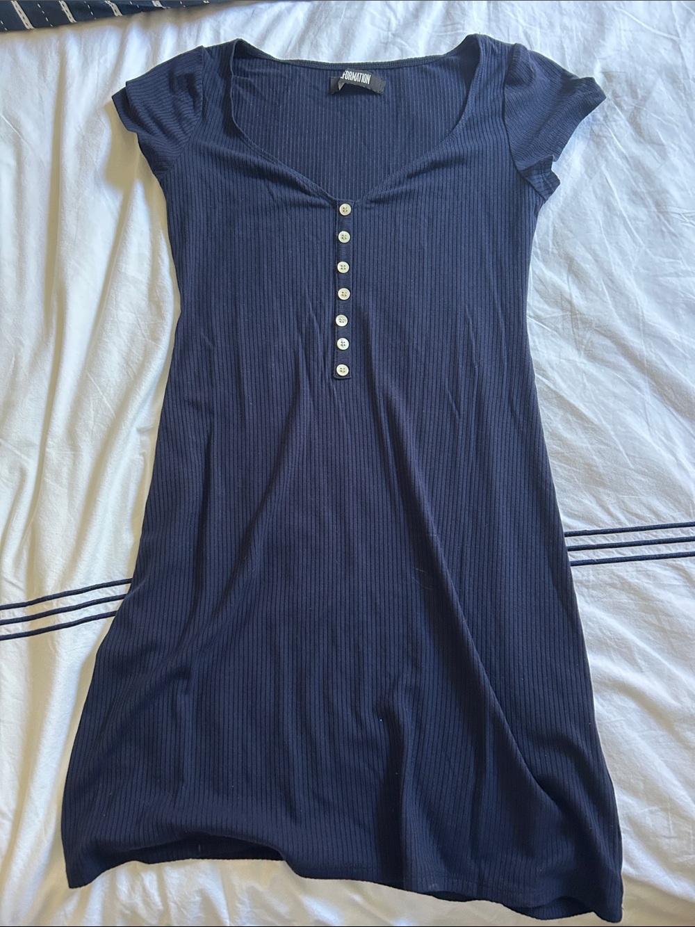Navy Ribbed Reformation knit mini dress with white buttons